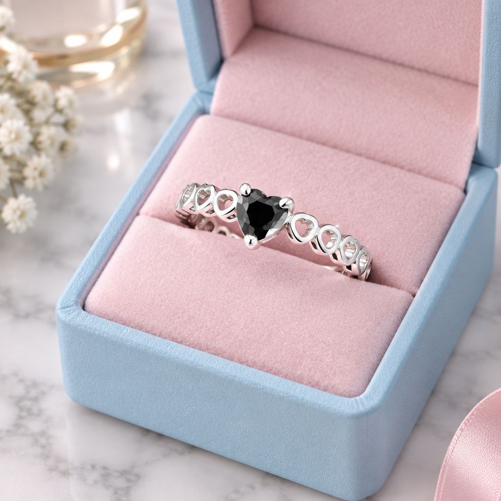 Anillo Argolla Corazon Doble Negro, Plata 925 Mexicana