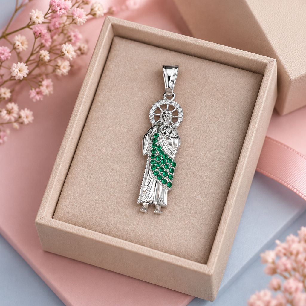 Dije San Judas manto Verde mide 5CM Plata 925 Mexicana