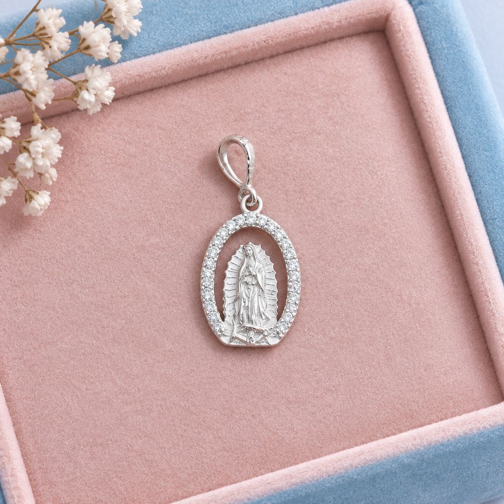 Dije Virgen de Guadalupe Ovalado 3cm Plata 925 Mexicana.