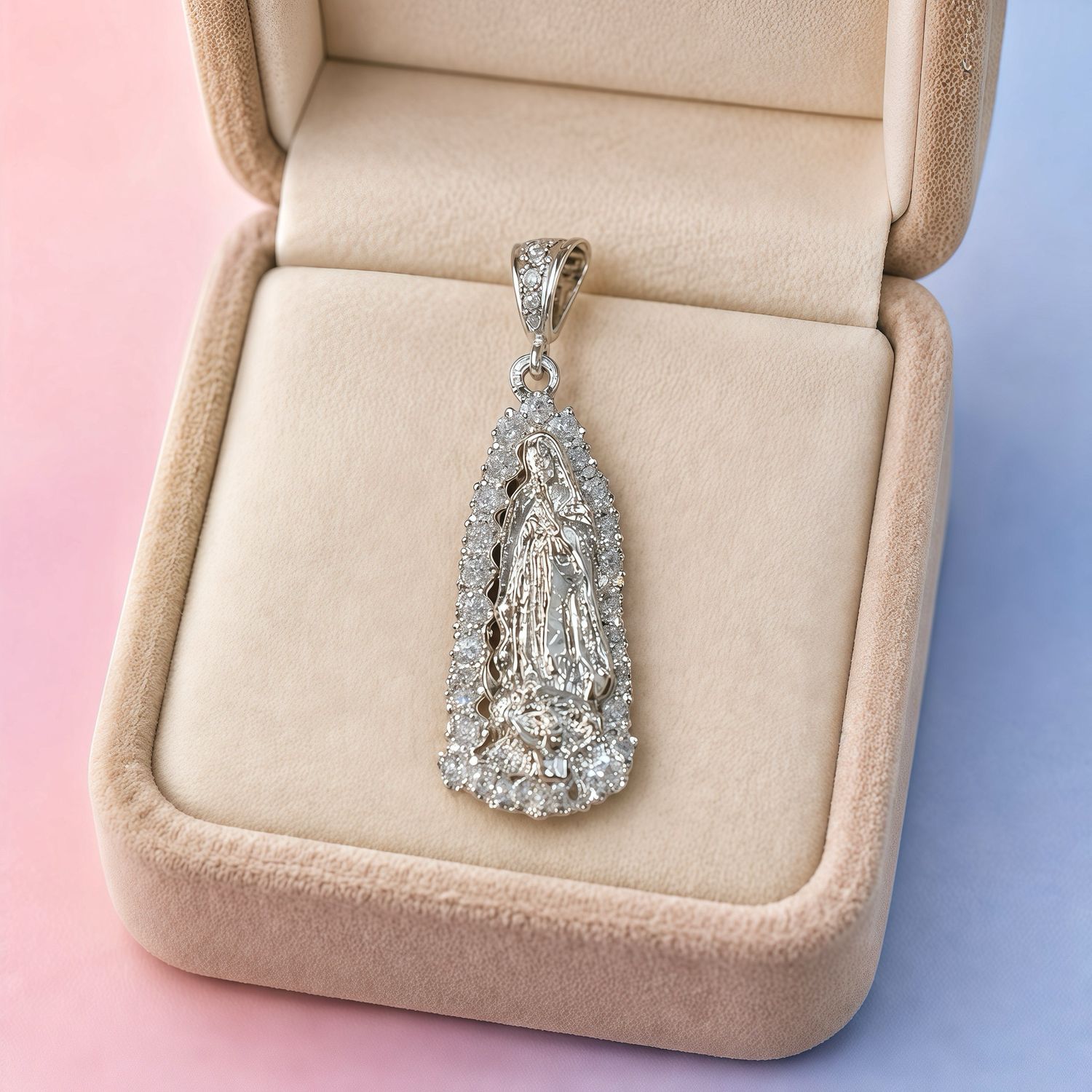 Dije Virgen Guadalupe Zirconia Blancas 7cm,Plata 925 Mexicana