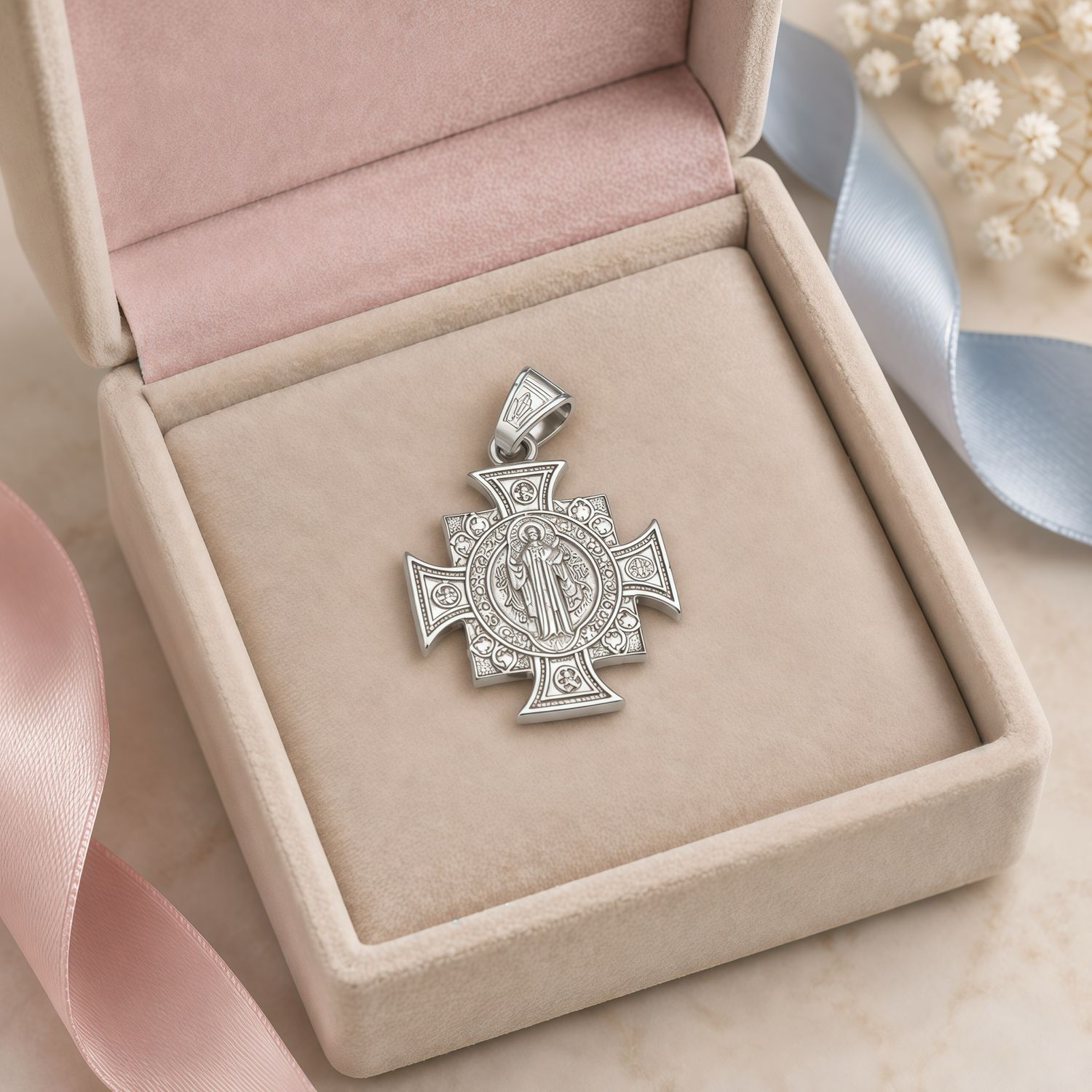 Dije Cruz de San Benito 3.5cm , Plata 925 Mexicana