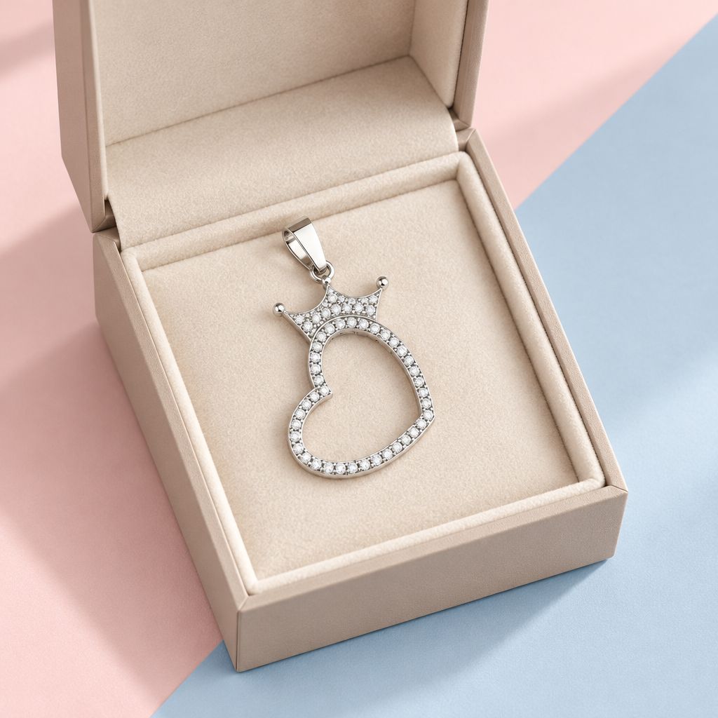 Dije Corazon Corona mide 4cm, Plata 925 Mexicana