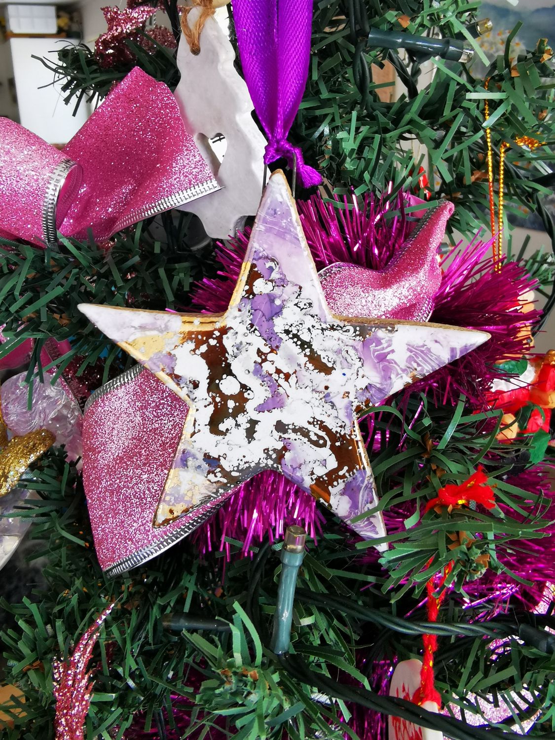 Set of two Gold marbled star Christmas ornaments