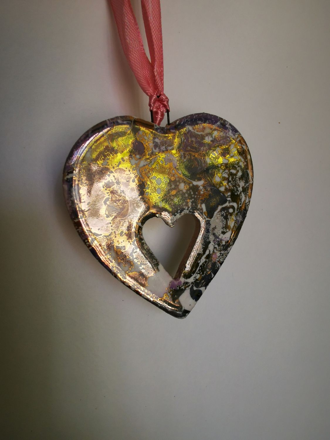 Set of two Gold marbled heart Christmas ornaments
