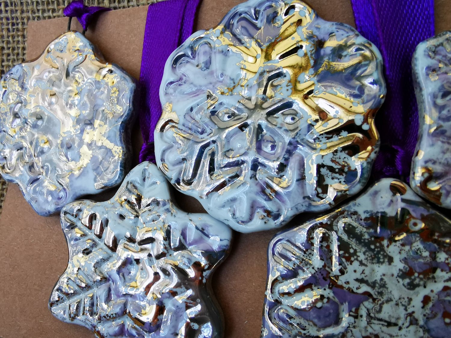 Set of five Gold marbled Christmas ornaments or gift tags