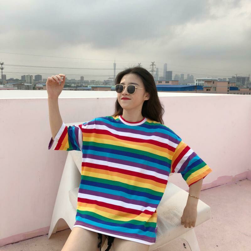 Fashion Women T Shirt Rainbow Striped Tops Harajuku Tshirt Summer Short Sleeve Punk T-shirt