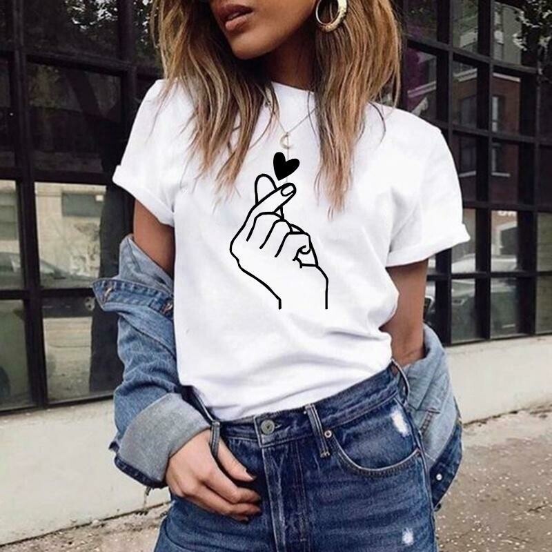 Women Summer Casual T-Shirt Love Gesture Printed Short Sleeve Tee Tops