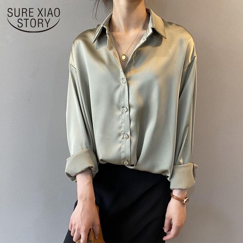 SURE XIAO STORY Fashion Button Up Satin Silk Shirt Autumn Vintage Blouse Women Long Sleeve White Blouses Top Shirt