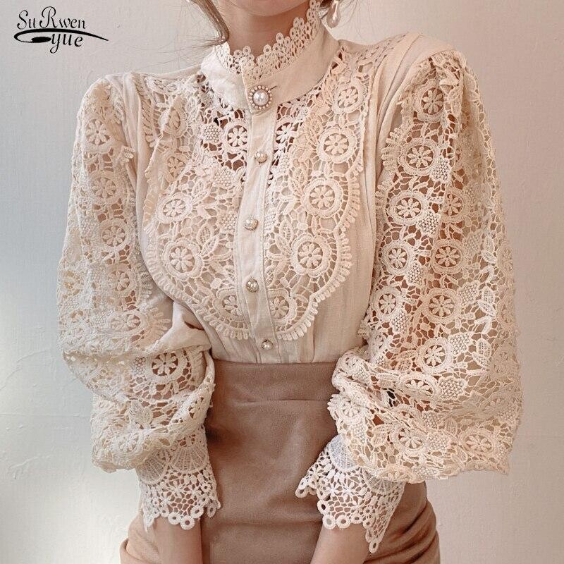 Women Lace Blouses Petal Sleeve Women Blouse Chic Button Hollow Out Flower Lace Patchwork Shirt White Top