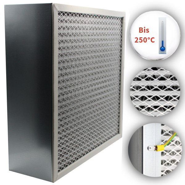 Cassette filter F9, 457 x 457 x 150mm, up to 250°C, ground wire