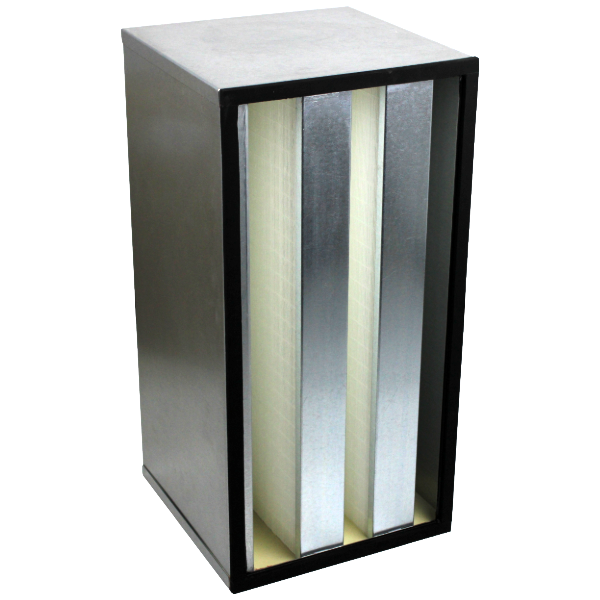 Cassette filter, rectangular 305x610x292mm, galvanized steel housing, flat seal, black, hot melt, V-shaped filter insert.