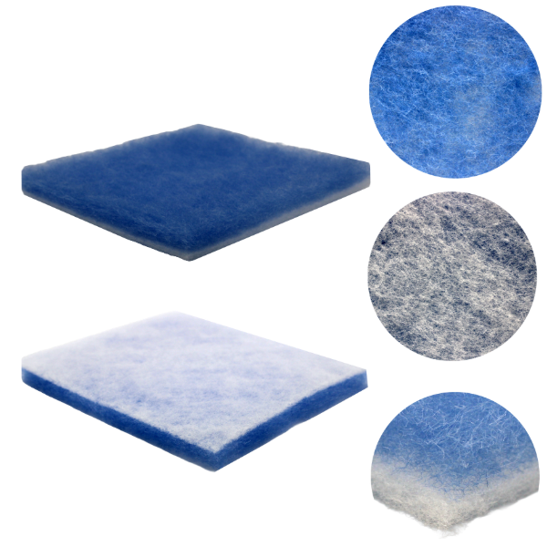 Coarse dust filter mat. Blue white. Blue top, white bottom, 18mm thick.  Made of polyester fibers. Area 1x2m
