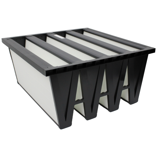 Compact filter, V-filter, 592x490x292mm, H13 plastic housing, 4 humps, filter material glass fiber, white, hot-melt