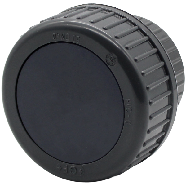 Georg Fischer adhesive screw connection in size d50, PVC-U with blind insert, gray, round with union nut.