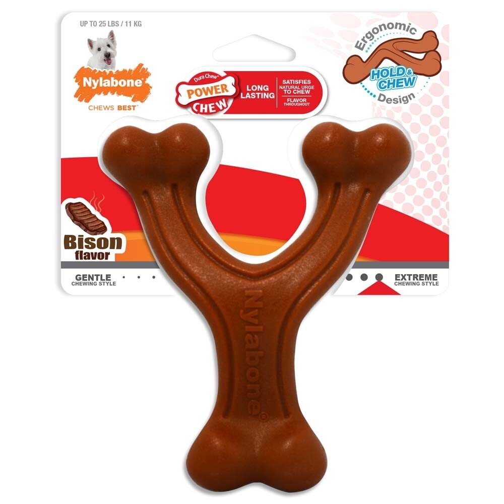Nylabone Ergonomic Hold and Chew Wishbone Power Chew Durable Dog Toy Bison Flavor, Size: S-25 Lb