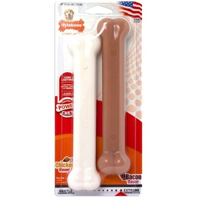 Nylabone Classic Twin Pack Power Chew Flavored Durable Dog Chew Toy Bacon and Chicken Flavor