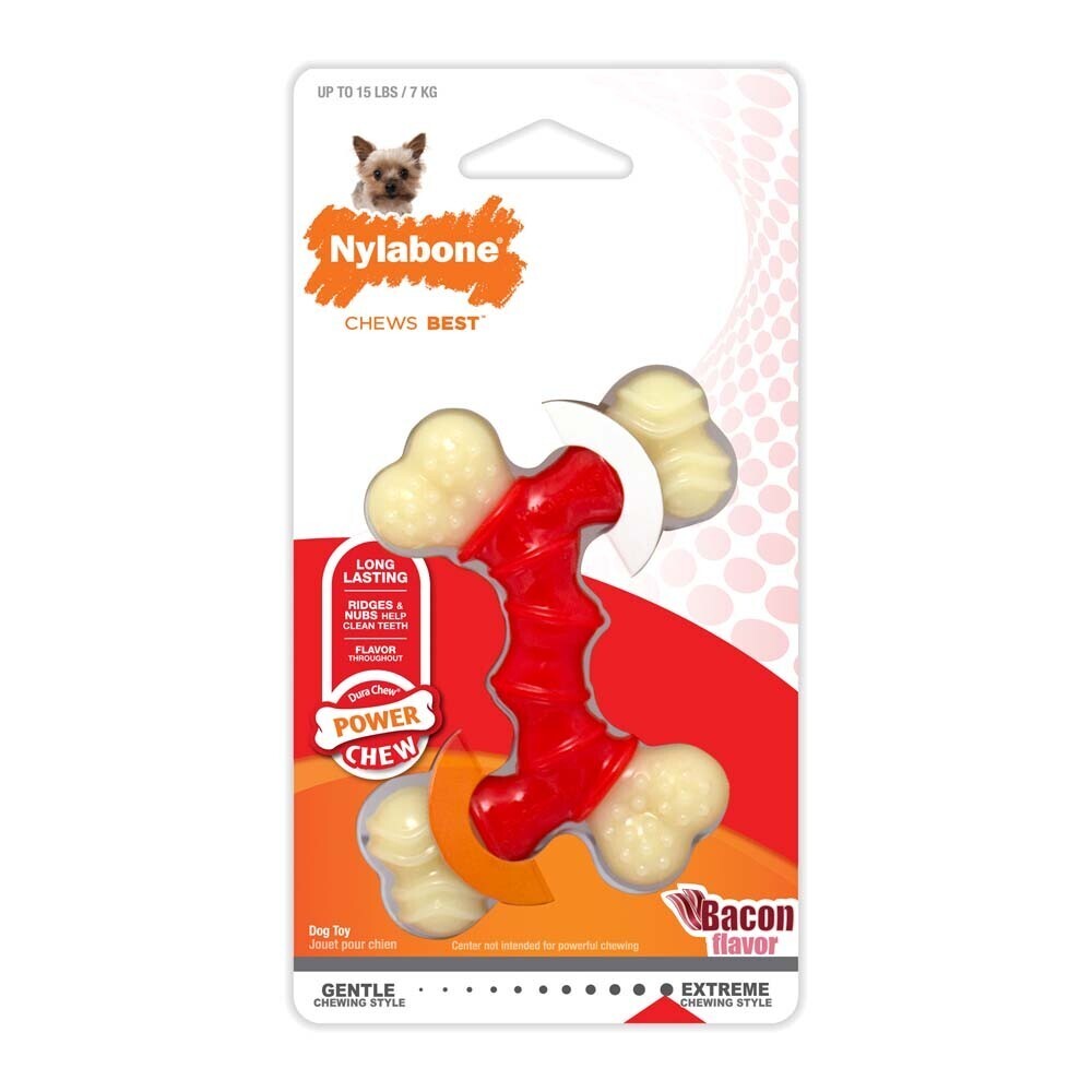 Nylabone Double Bone Power Chew Long-Lasting Dog Toy Bacon Flavor, Size: XS-15 Lb
