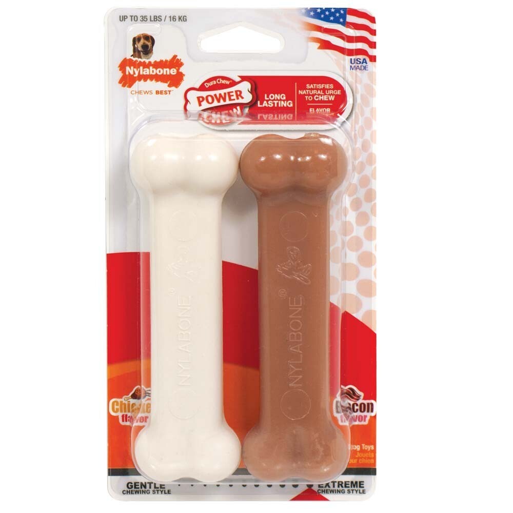 Nylabone Classic Twin Pack Power Chew Flavored Durable Dog Chew Toy Bacon and Chicken Flavor, Size: M-35 Lb