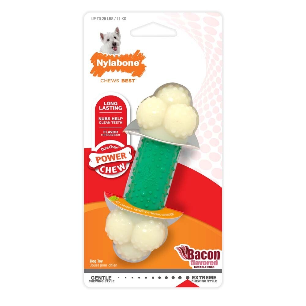 Nylabone Double Action Power Chew Durable Dog Toy Bacon Flavor, Size: S-25 Lb