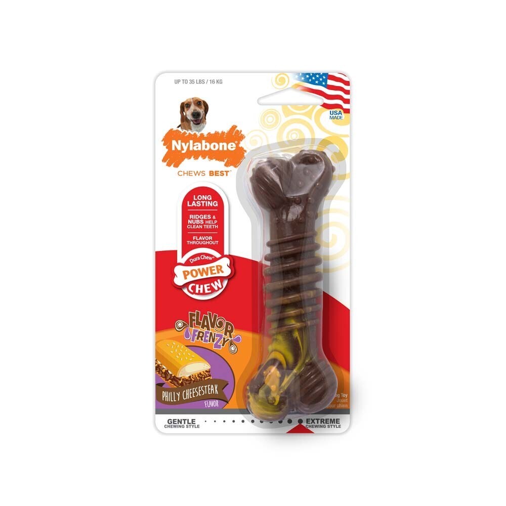 Nylabone Flavor Frenzy Power Chew Dog Toy Philly Cheesesteak Flavor, Size: M-35 Lb