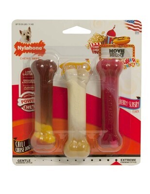 Nylabone Flavor Frenzy Power Chew Triple Pack Chili Cheese Dog, Popcorn and Cherry Flavor