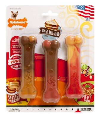 Nylabone Flavor Frenzy Power Chew Triple Pack Sausage, Pancake, Roast Beef Club and Meat Lasagna Flavor