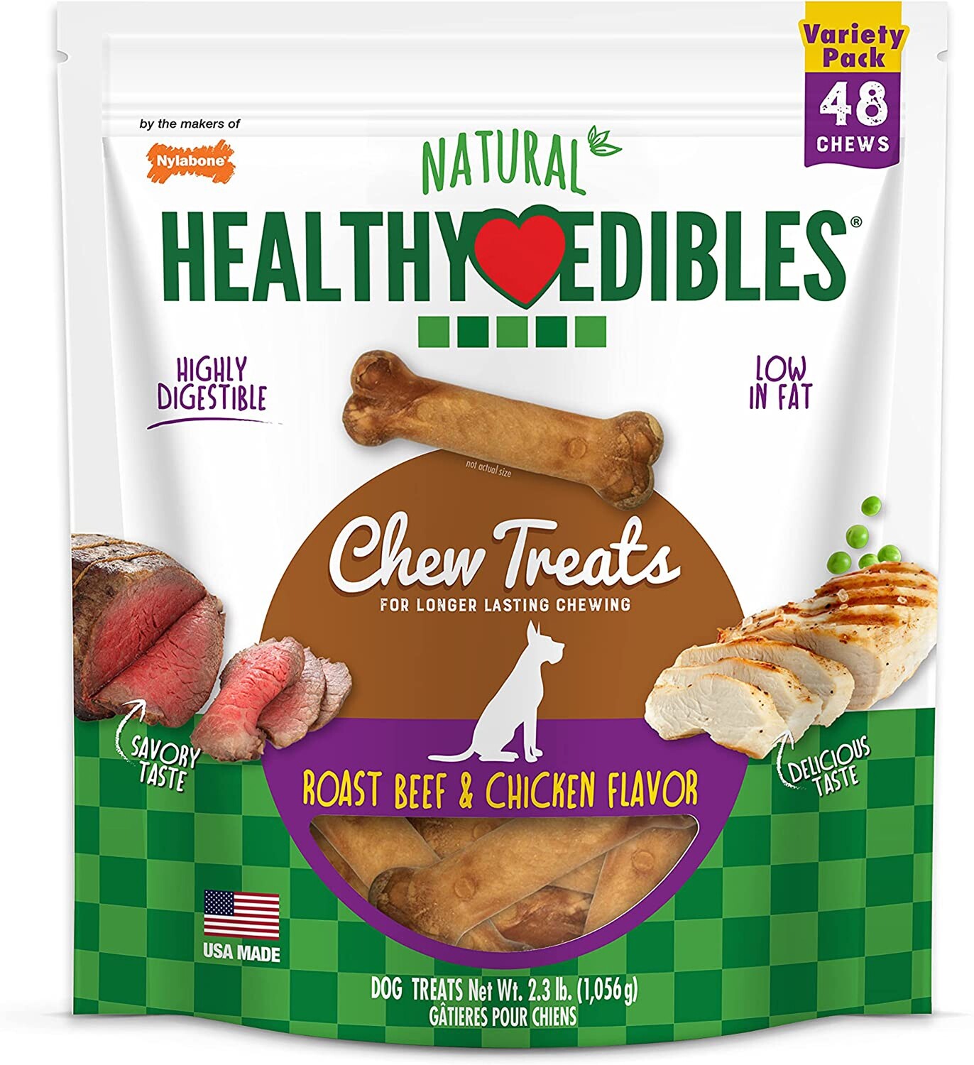 Nylabone Healthy Edibles All-Natural Long Lasting Roast Beef and Chicken Flavor Chew Treats 48 Count