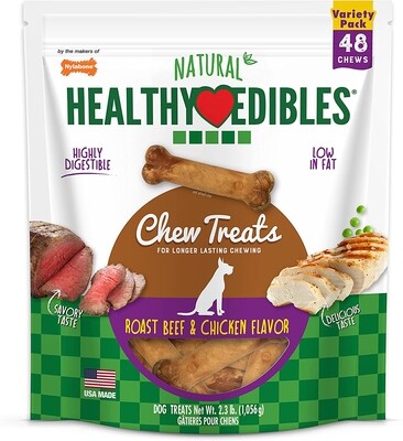 Nylabone Healthy Edibles All-Natural Long Lasting Roast Beef and Chicken Flavor Chew Treats 48 Count