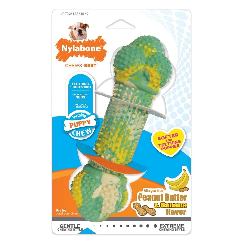 Nylabone Just For Puppies Double Action Bone Puppy Dog Teething Chew Toy Peanut Butter and Banana Flavor