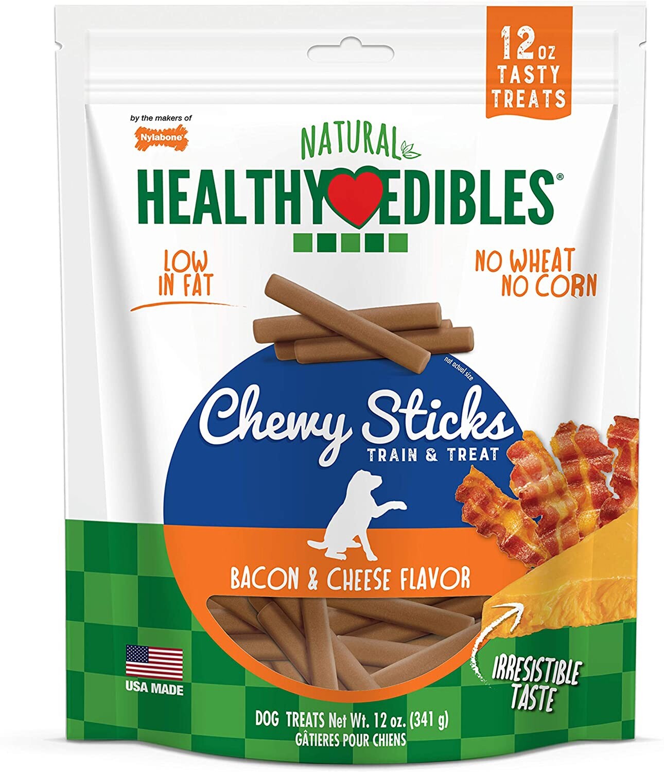 Nylabone Healthy Edibles Chewy Dog Treat Sticks Bacon and Cheese