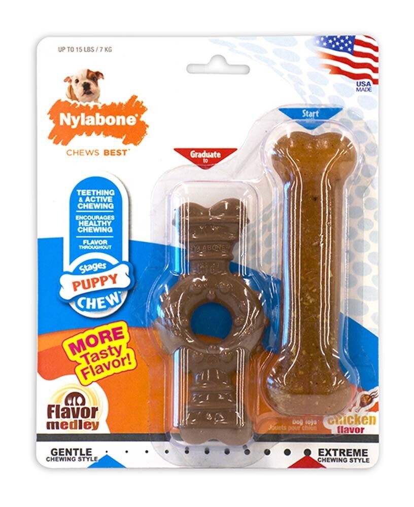 Nylabone Just For Puppies Teething Chew Ring Bone and Toy Flavor Medley and Chicken Flavor
