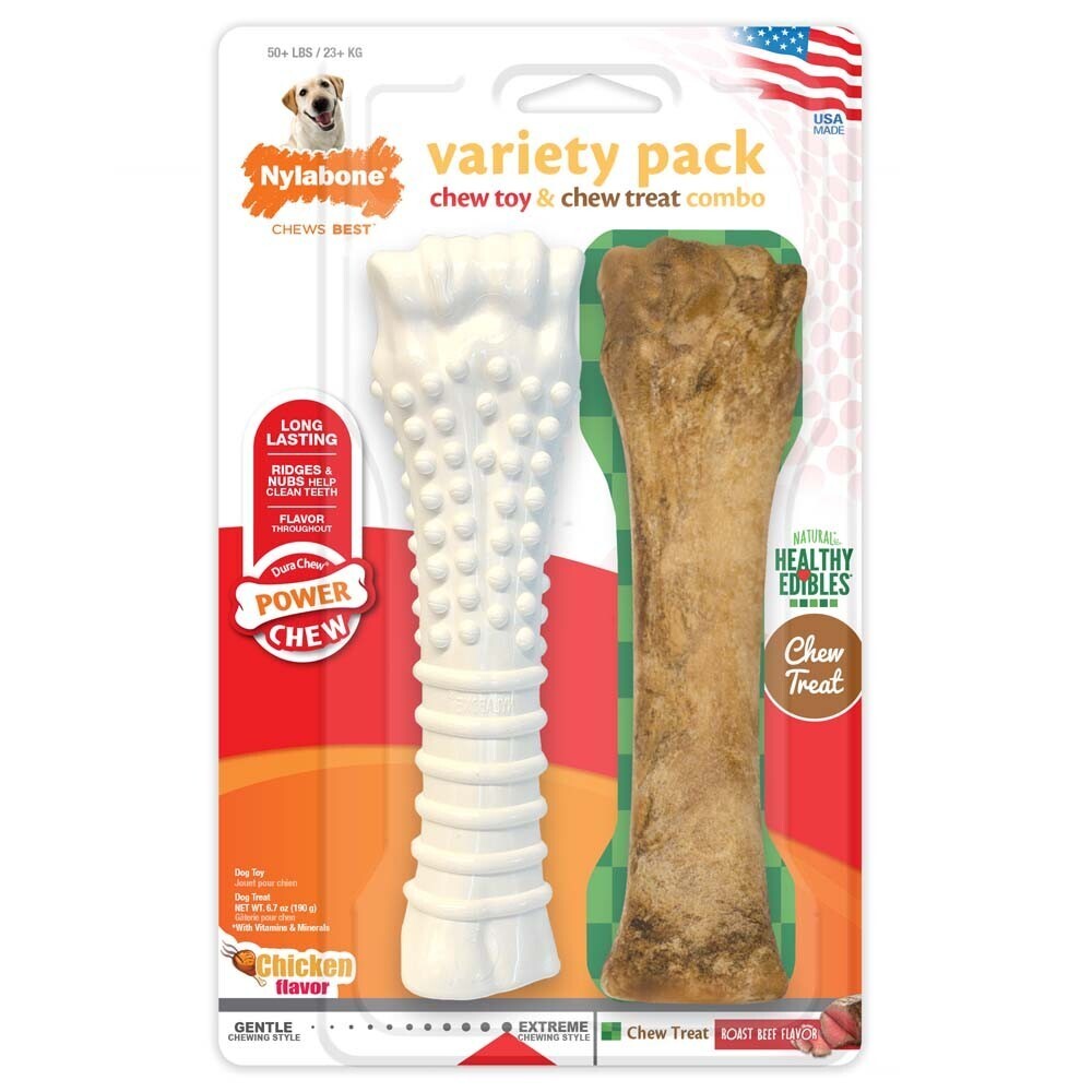 Nylabone Healthy Edibles Dog Chew Treat and Power Chew Textured Chew Toy Variety Pack Roast Beef and Chicken Flavor