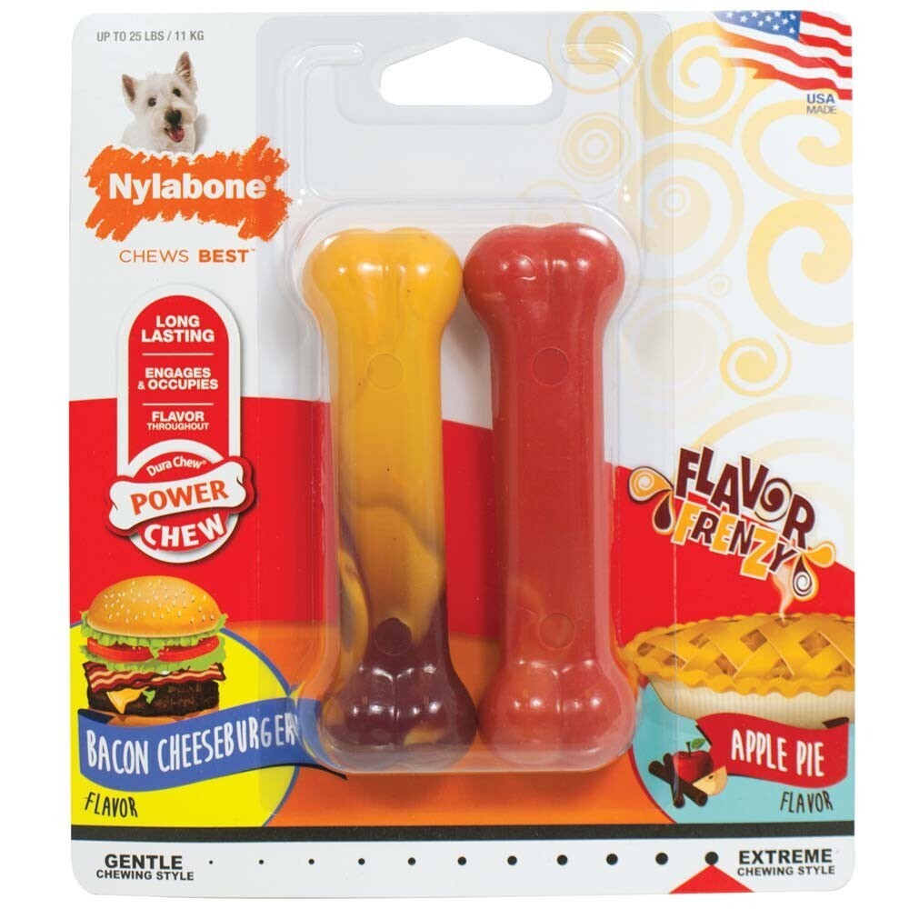 Nylabone Power Chew Flavor Frenzy Durable Dog Chew Toys Twin Pack Bacon Cheeseburger and Apple Pie Flavor
