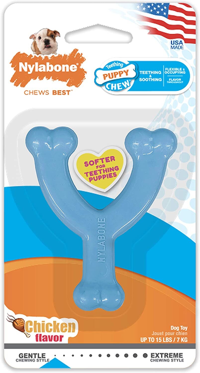 Nylabone Puppy Chew Toy Wishbone Chicken Flavor -  Blue