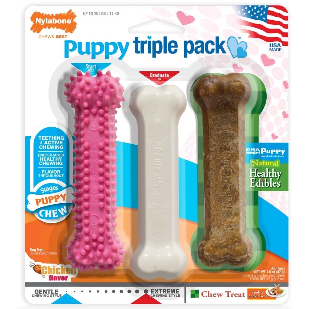 Nylabone Puppy Chew Variety Toy and Treat Triple Pack Chicken and Lamb Starter Kit