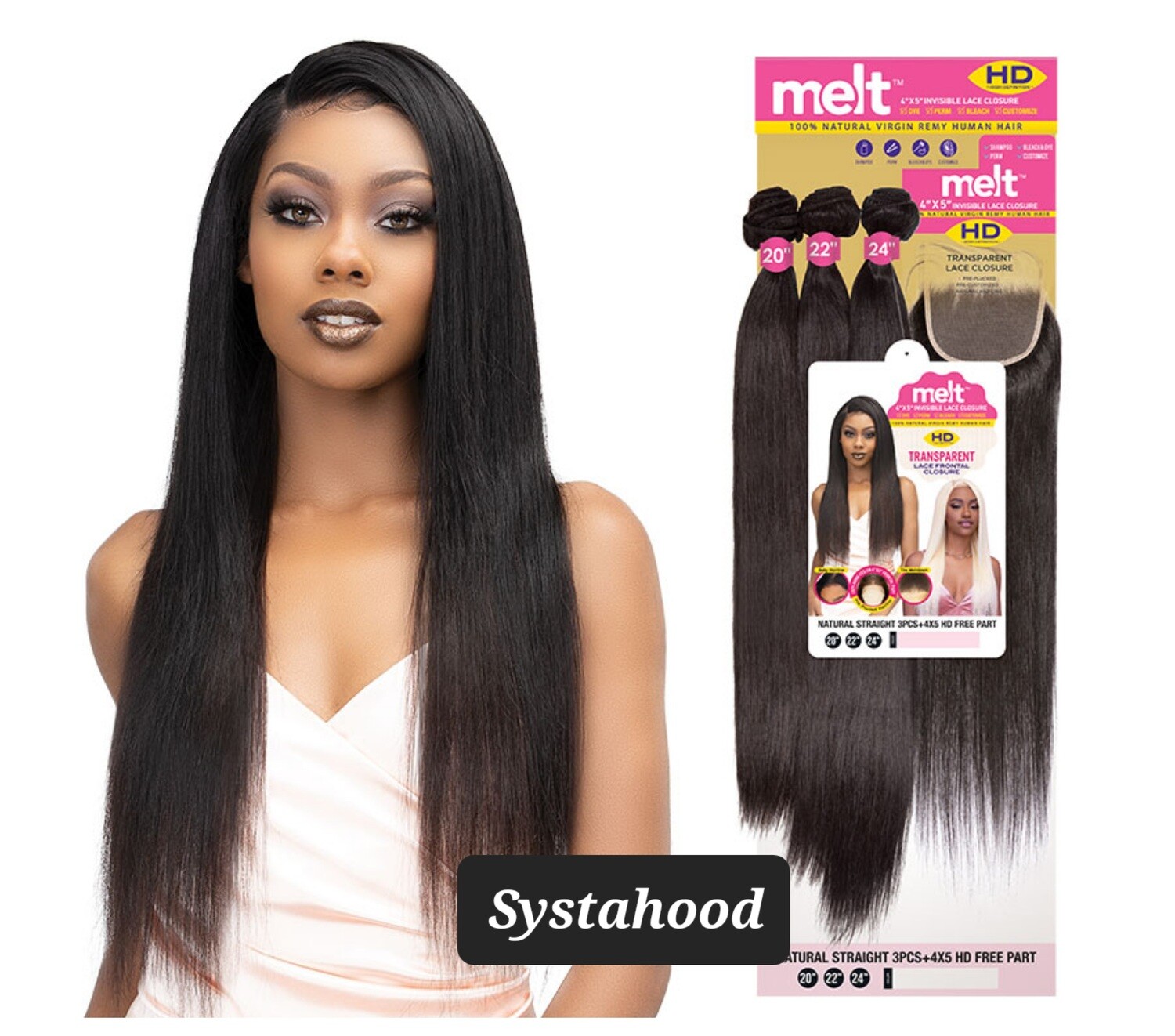 Janet Melt 100% Natural Virgin Remy Human Hair Straight (18&quot;20&quot;22&quot;) + 4x5 HD Invincible Lace Closure - Natural