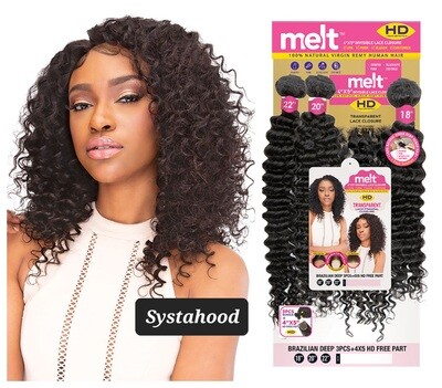 Janet Melt 100% Natural Virgin Remy Human Hair Brazilian Deep (16&quot;18&quot;20&quot;) + 4x5 HD Invincible Lace Closure - Natural