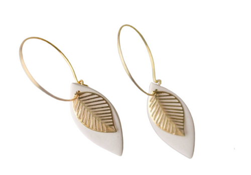 White w/Gold Leaves Clay Earrings