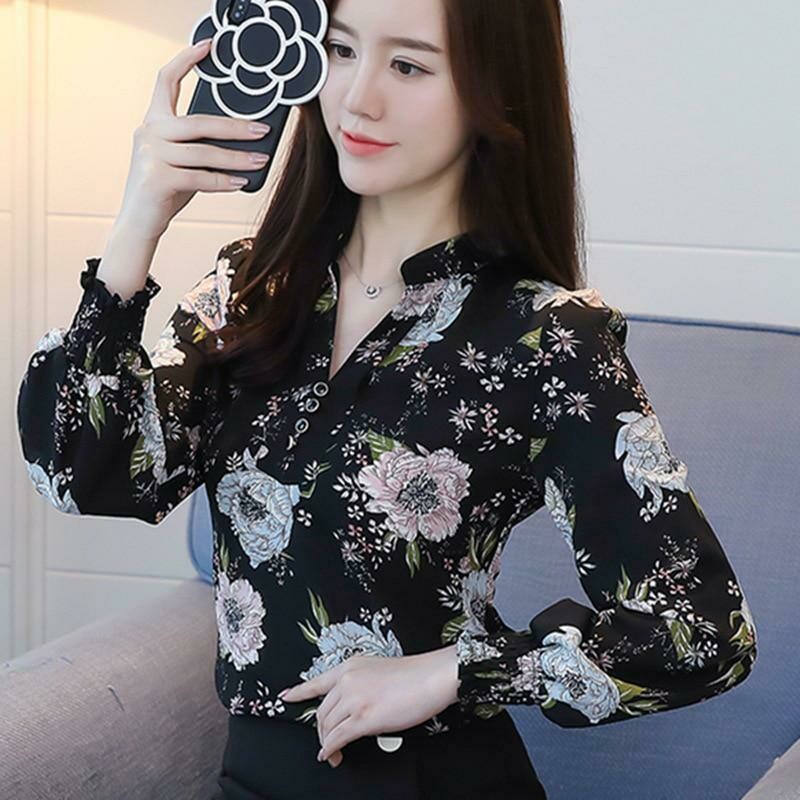 Luxqlo Autumn V-Neck Chiffon Blouse Womens Tops And Blouses Office Shirts Ladies Tops Plus Size