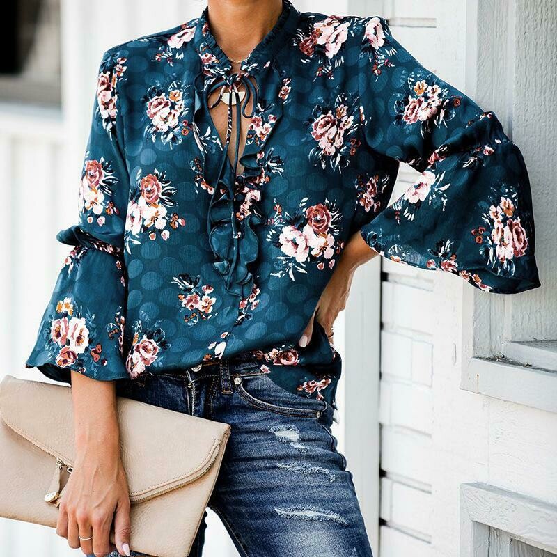S-5XL Fashion Casual Ladies Plus Size Sexy Blouses Women Floral Long Sleeve Loose V Neck Shirts