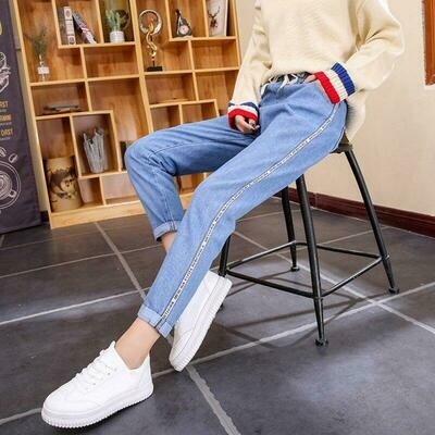 Woman&#39;s Jeans Stretch Trousers High Waist Light Blue Plus Size Sweet Loose Jeans Buttons Washed Denim Nine Harem Pants