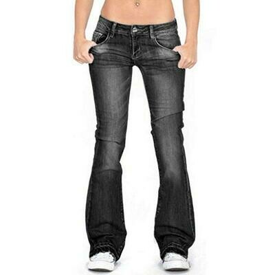 Women Tassels Flared Jeans Low Waist Slim Washed Denim Pants Lady Retro Casual Bell Trousers