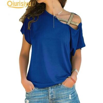 Irregular Sequins Oblique Shoulder Short Sleeve Women T-Shirt Top Lady Favor