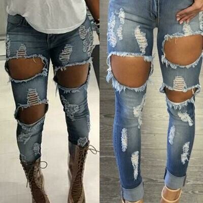 Zipper Button Jeans Woman Casual Denim Long Casual Trousers Big Hole Ripped Fitness Bodycorn Pants