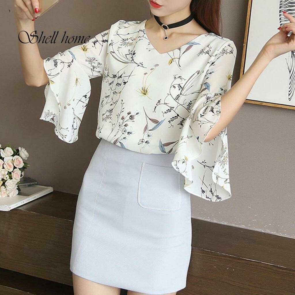 Shellhome Office Lady Fashion Flower Print Half Flare Sleeve V Neck Chiffon Blouse Shirt