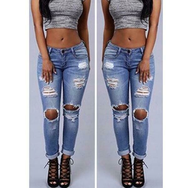 Women Denim Skinny Ripped Pants High Waist Stretch Jeans Slim Pencil Trousers Bottoms Plus Size