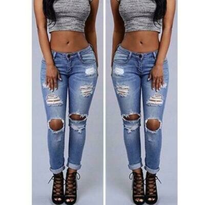 Women Denim Skinny Ripped Pants High Waist Stretch Jeans Slim Pencil Trousers Bottoms Plus Size