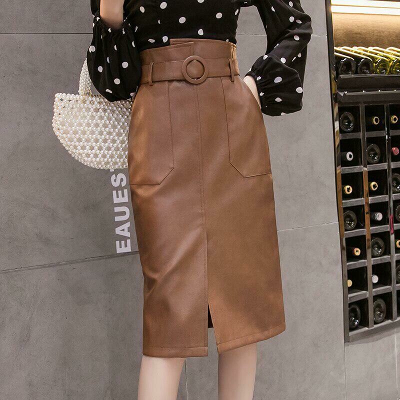 Realeft Autumn Winter Sashes Female PU Leather Sheath Midi Skirts High Waist Knee Length Skirts With Pocket Skirt Female