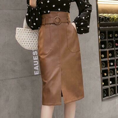 Realeft Autumn Winter Sashes Female PU Leather Sheath Midi Skirts High Waist Knee Length Skirts With Pocket Skirt Female
