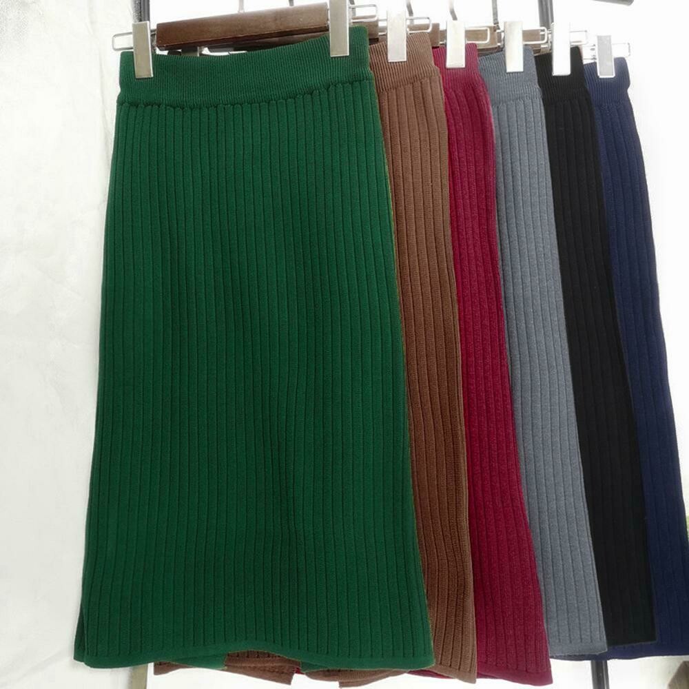 Women Skirts Autumn Winter Warm Knitted Straight Skirt Ribbed Ribbed Mid -Long Skirt